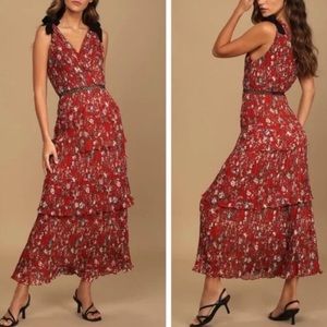 LULUS Dress Size XS Such Sophistication Rust Red Floral Pleated Maxi Boho